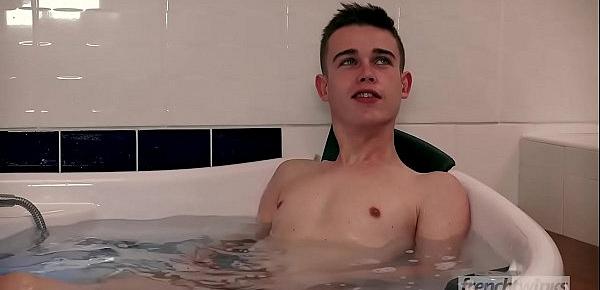  Young Twink surprised jacking off in the bath moans loudly